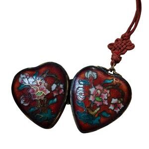 1900s Cloisonne Enamel Red Floral Heart Trinket Locket Pendant Necklace Red Cord